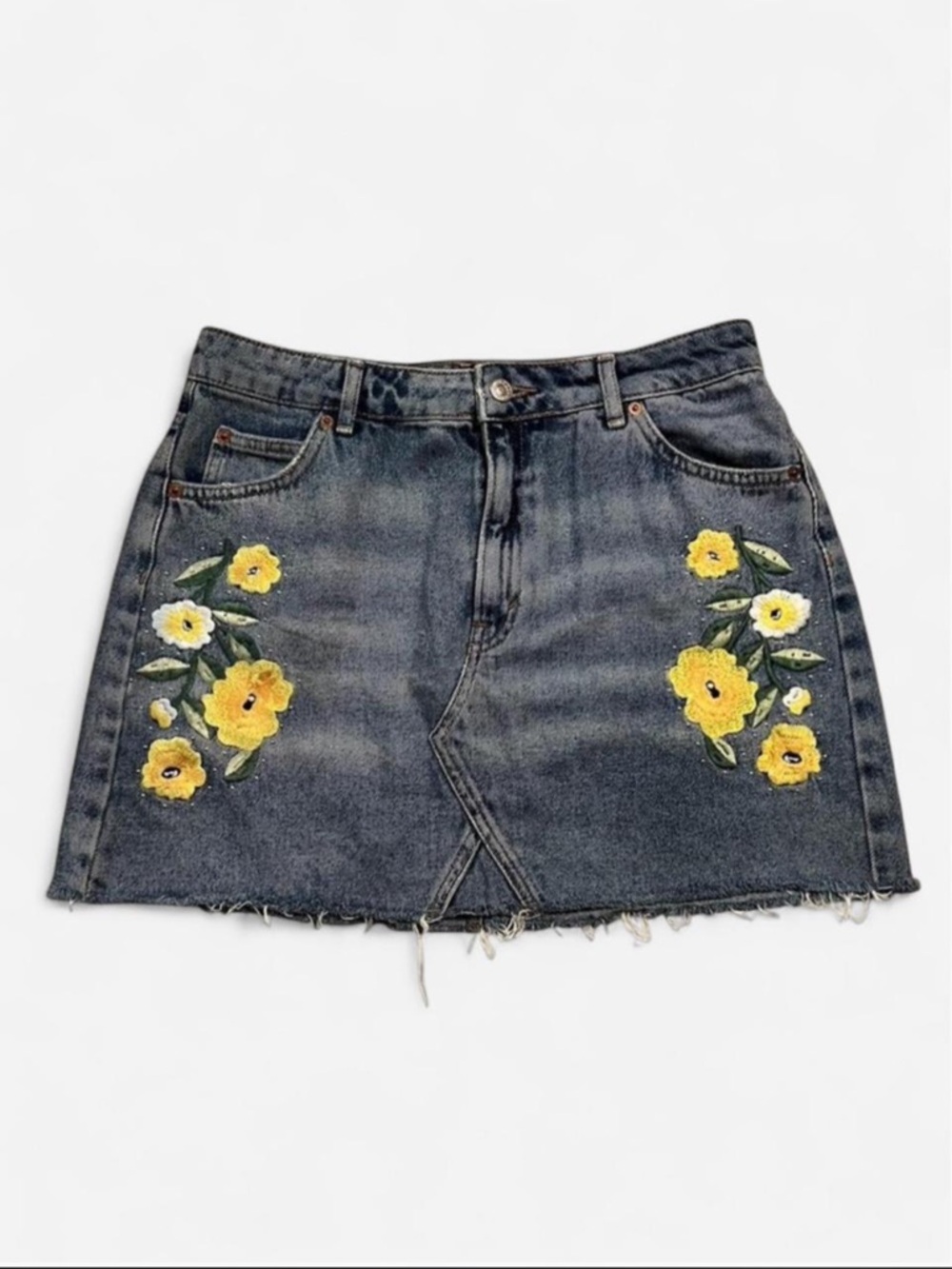 🌼Topshop Dark Blue Denim Mini Skirt with Yellow Floral Embroidery